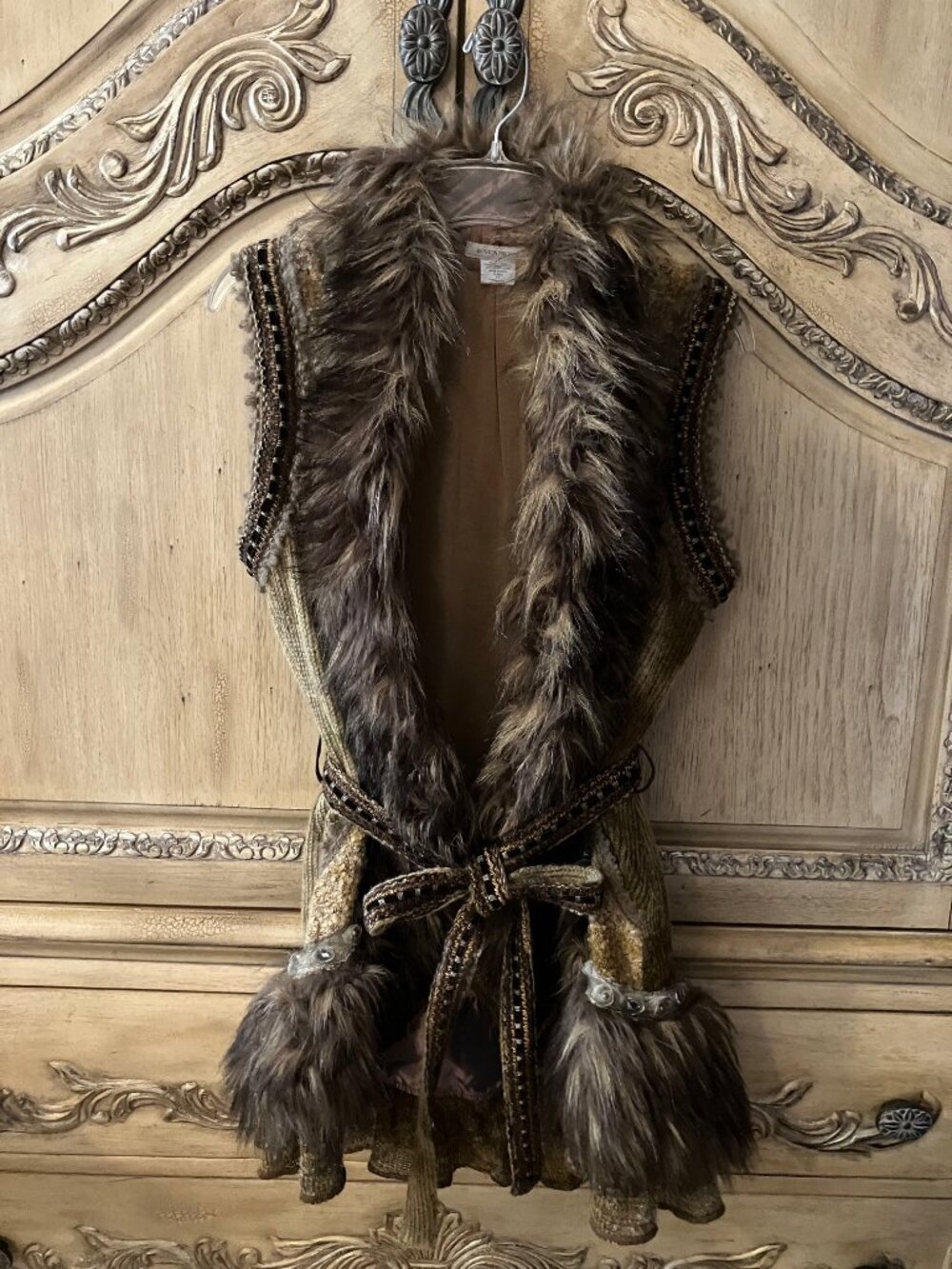 BOSTON PROPER - FAUX FUR TIE VEST - BRONZE-BROWN-TAN- XS - NWOT